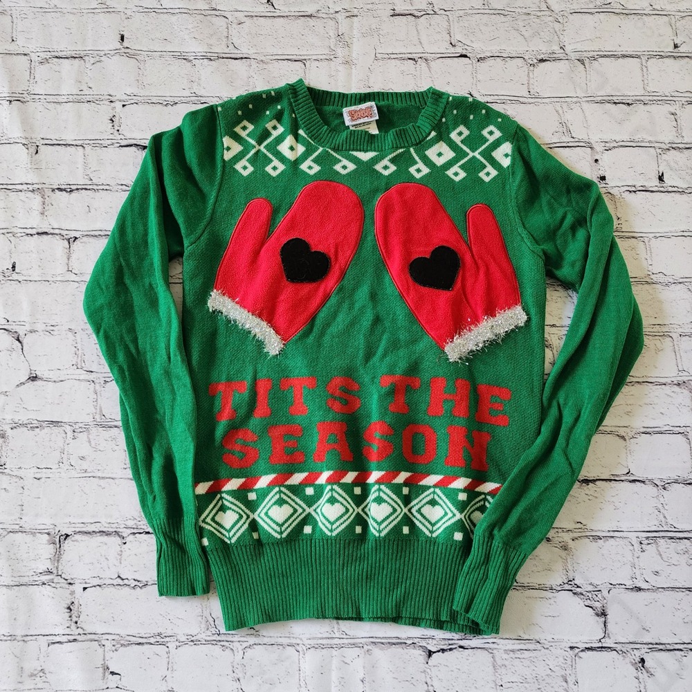 Spencers Tits the Season Ugly Christmas Sweater Green Womens Small Mitten